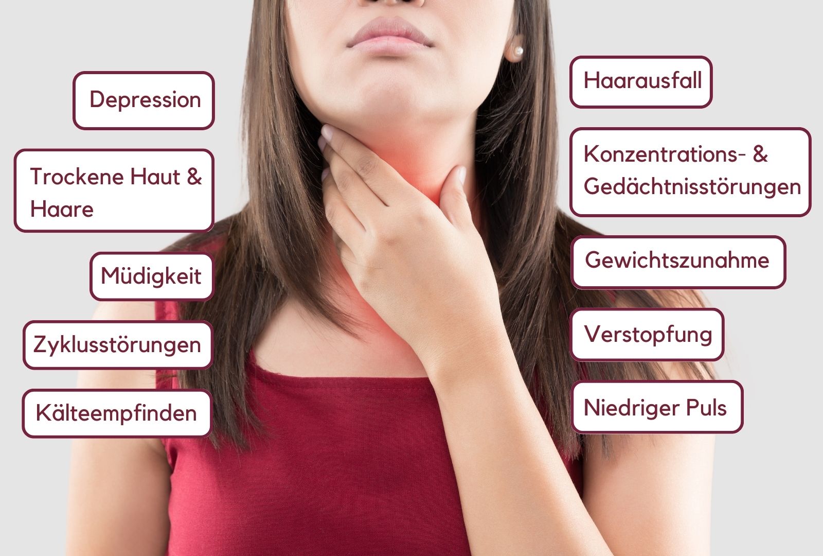 Frau hat die Hand an der Schilddrüse, Symptome von Hashimoto / Schilddrüsenunterfunktion werden rundherum aufgezählt