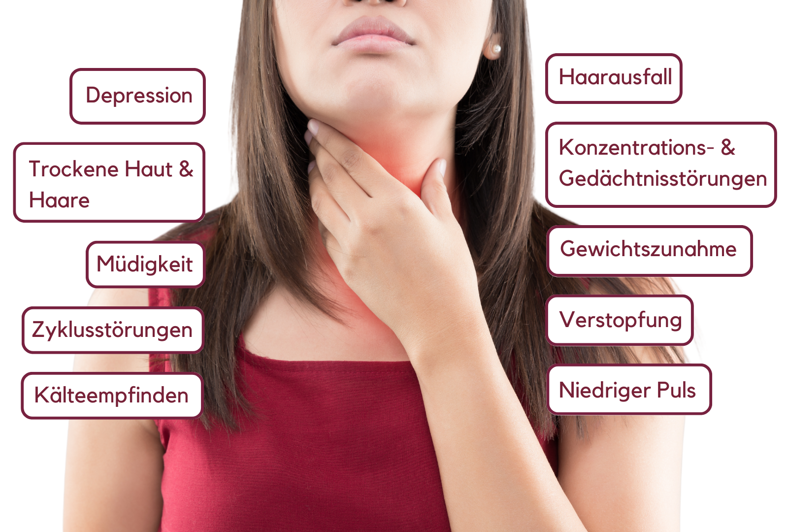 Frau hat ihre Hände an der Schilddrüse, Symptome stehen rundherum - Heilpraktiker Schilddrüse Hamburg