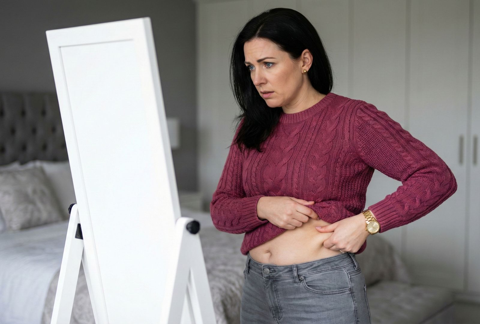 Frau schaut besorgt in den Spiegel, weil sie zugenommen hat